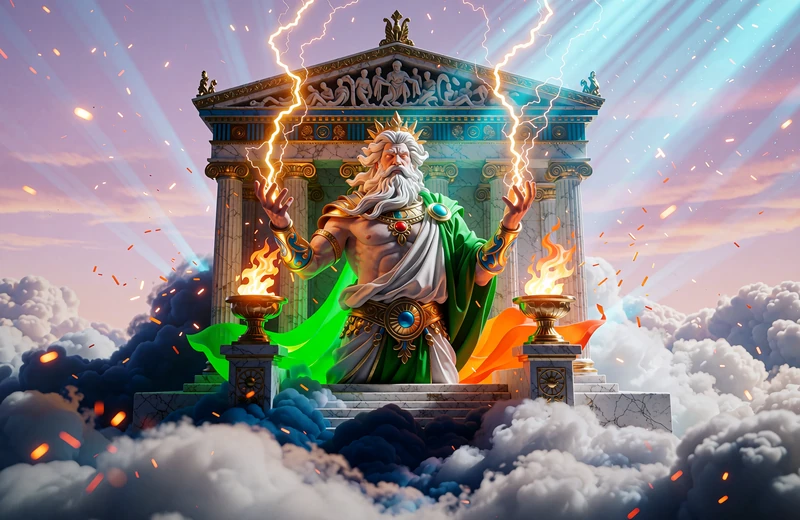 Grafika slotu Gates of Olympus: brodaty b&oacute;g z piorunem przed marmurową świątynią na chmurach
