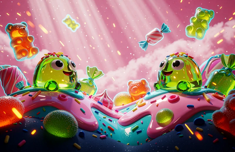 Grafika slotu Sugar Rush 1000: kraina słodyczy z żelkami, lizakami i r&oacute;żowymi wzg&oacute;rzami lukru