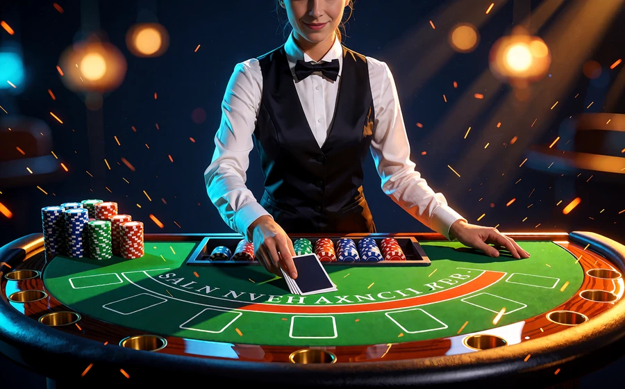 Krupierka przy stole blackjacka na żywo rozdaje karty obok stos&oacute;w żeton&oacute;w w kasynie live Golisimo